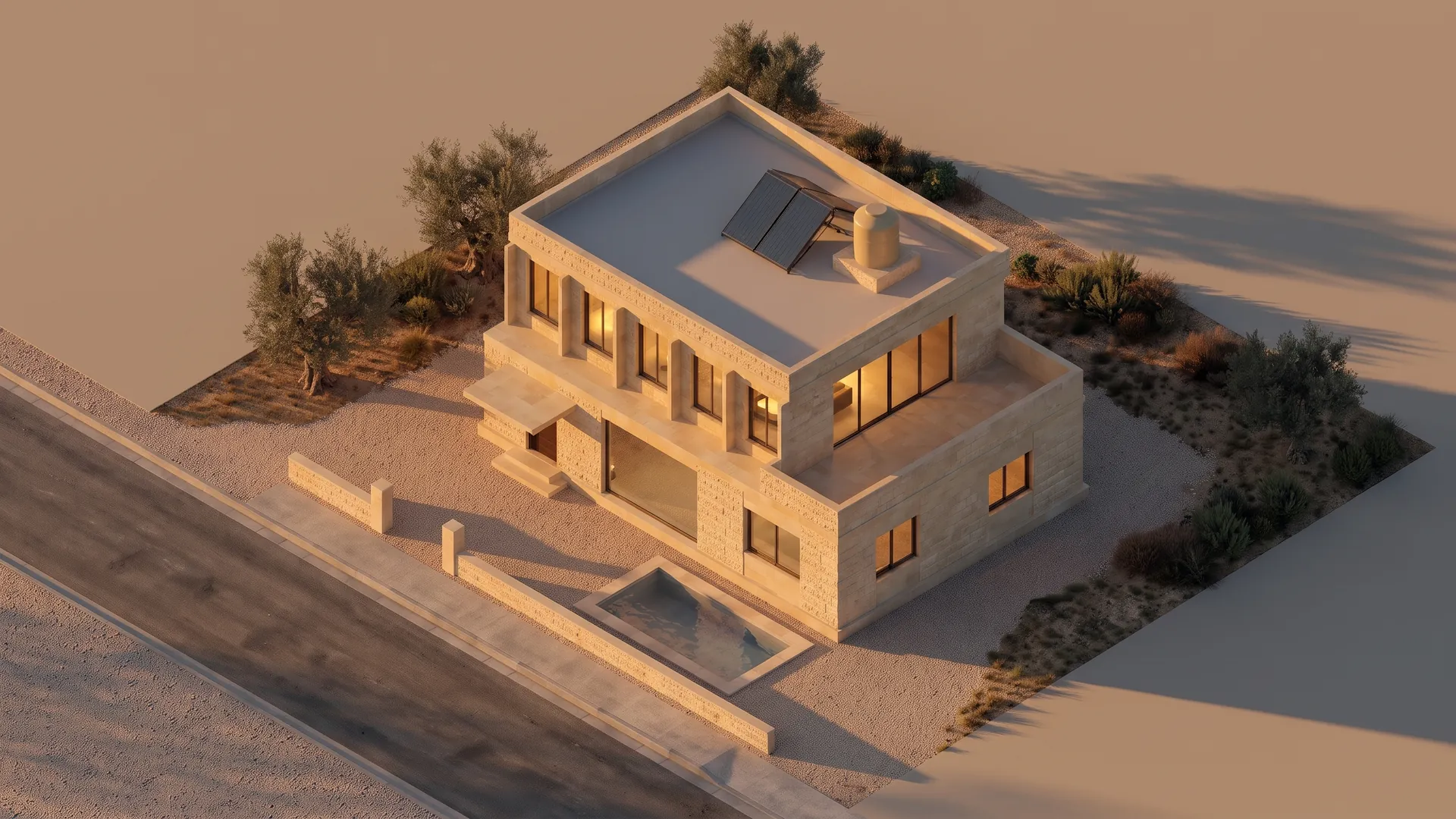 The sample villa in Madaba limestone at golden hour, seen in isometric