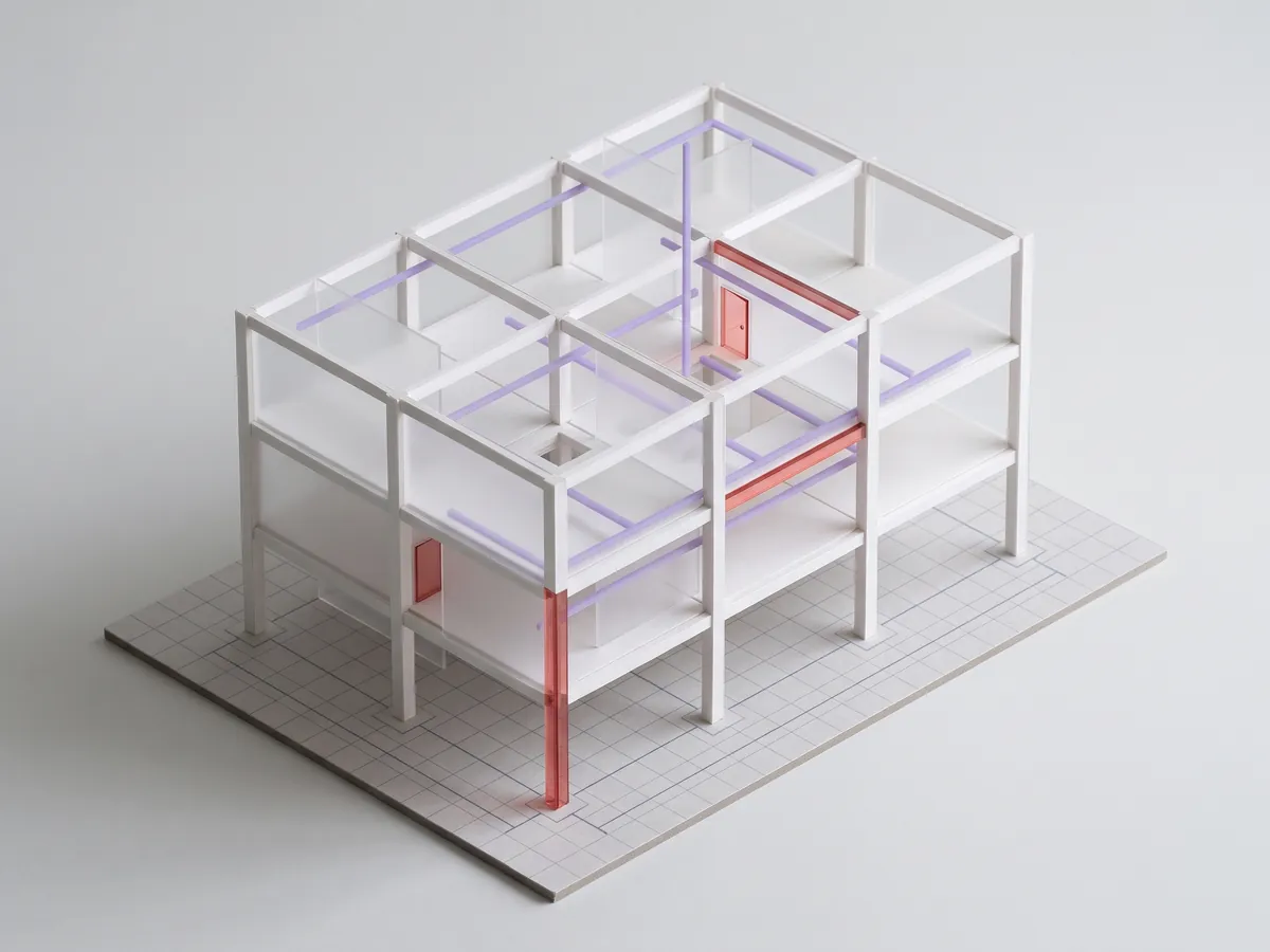An isometric study model of the sample building, five elements flagged in red