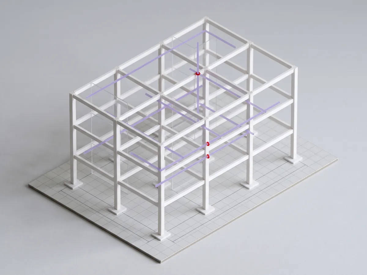 An isometric study model of the sample frame, a violet duct through a deep beam marked with a red ring