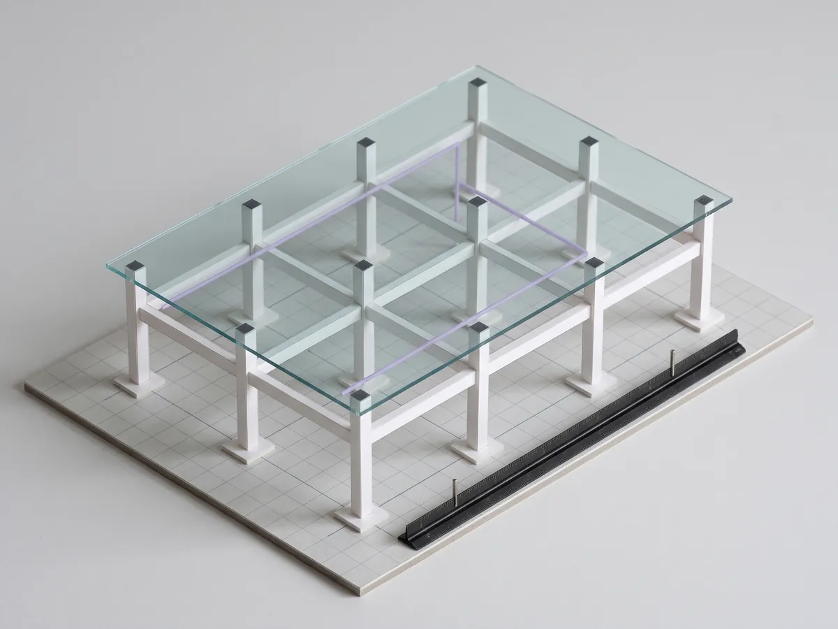 The sample frame as a study model, cut at level two under a sheet of glass, a steel rule along its edge