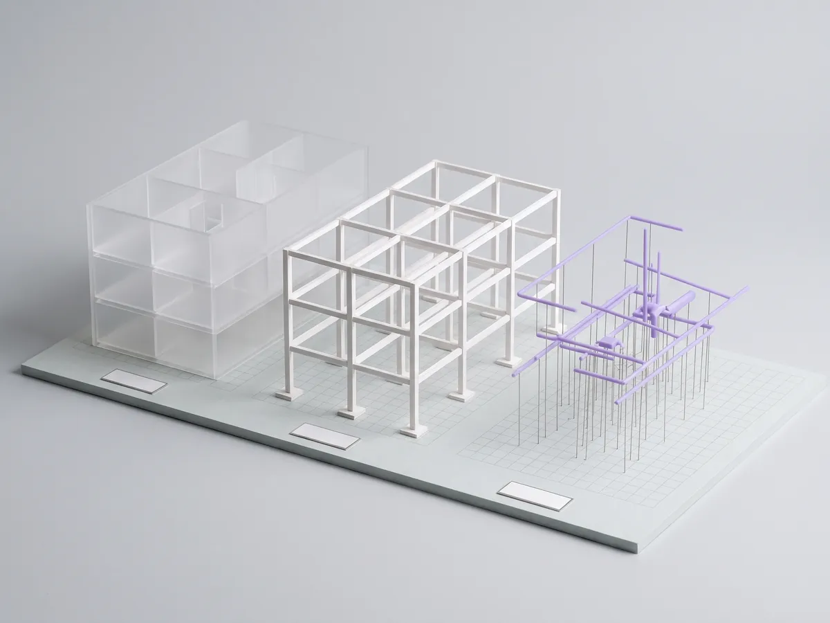 The sample building as three study models, one per discipline, each with its label plate