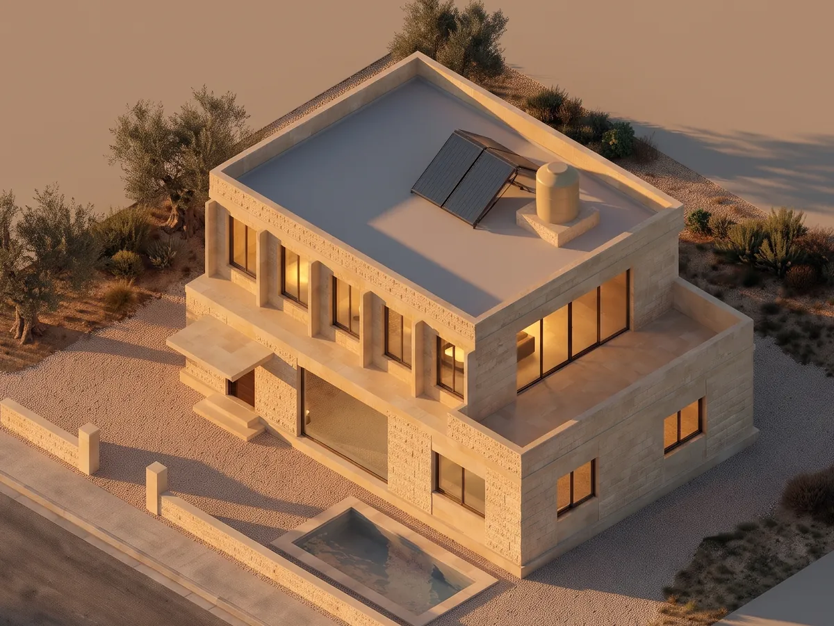 The sample villa in Madaba limestone, seen in isometric