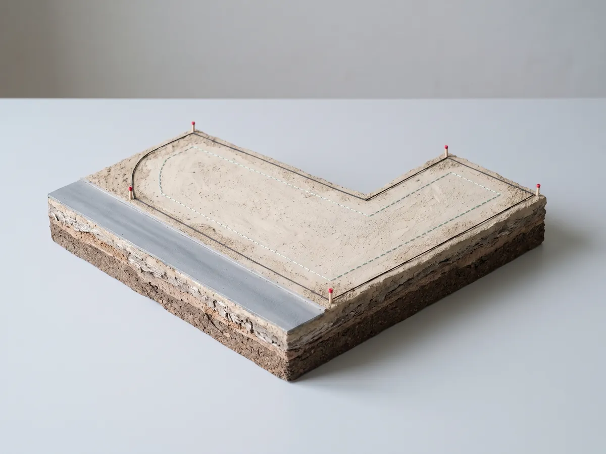 Parcel 542 as an isometric site model: its boundary, red-topped survey pegs and the setback line