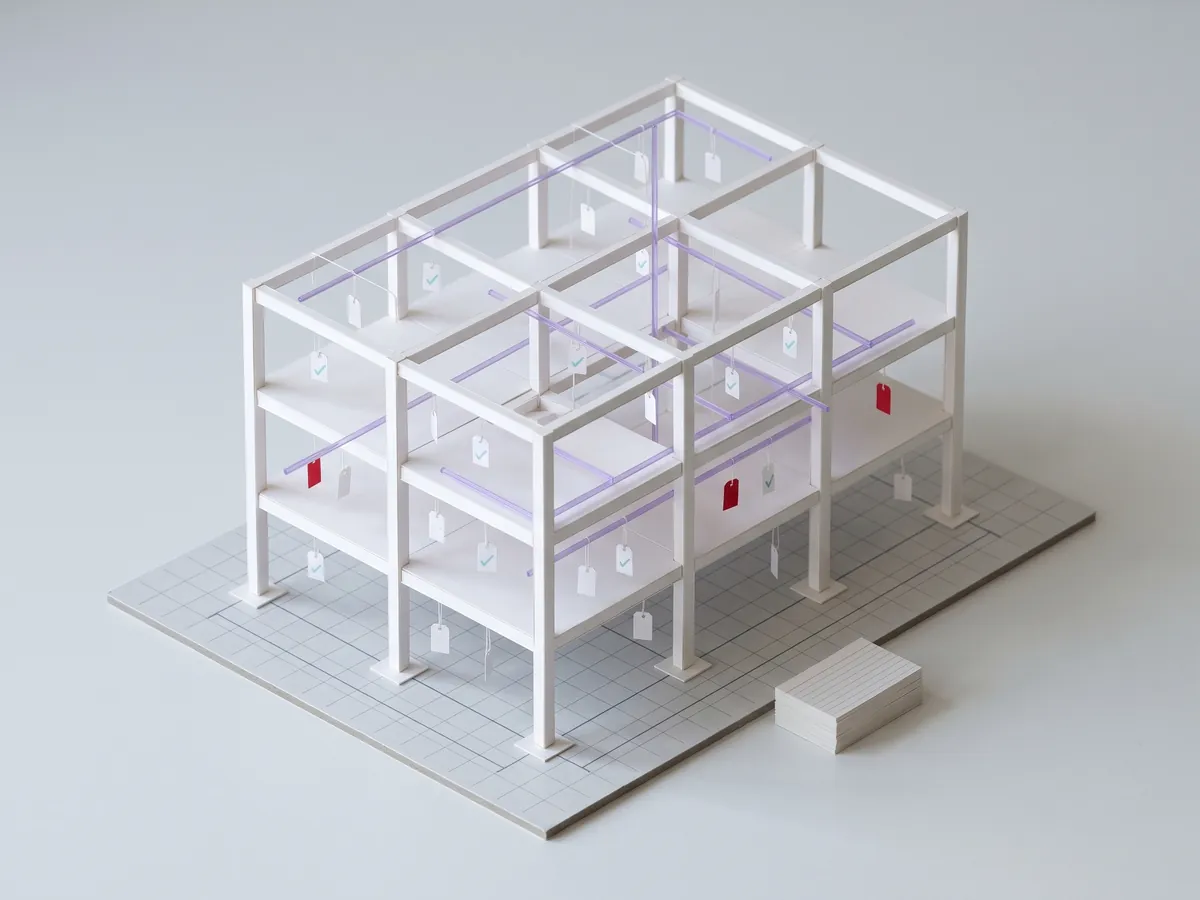 An isometric study model of the sample frame, its elements tagged, three tags in red
