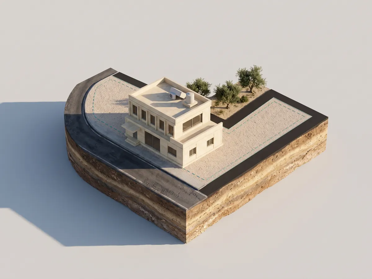The villa on parcel 542 in isometric, its afternoon shadow across the plot